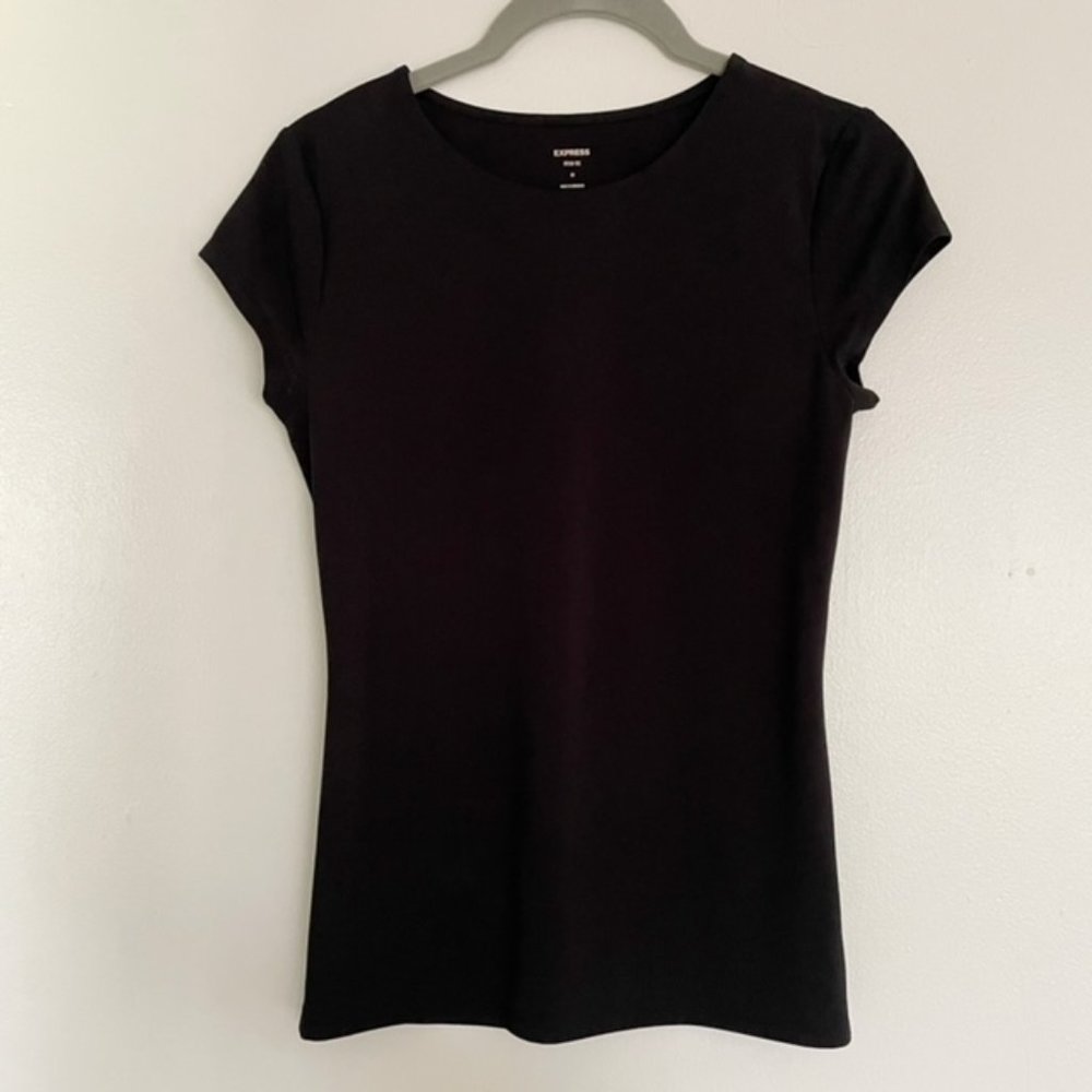 Express Black Fitted Double Layer Crew Neck Tee, XSmall